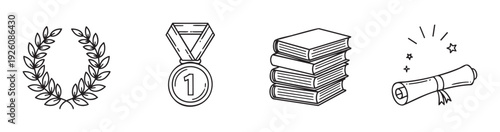 Collection of academic achievement and success symbols featuring a laurel wreath, first place medal, stack of books, and a graduation diploma scroll for educational content and recognition