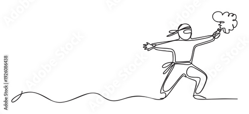 Continuous line drawing of a masked ninjalike figure in an action pose holding a smoke cloud, ideal for illustrating themes of stealth, impact, or surprise in various media projects