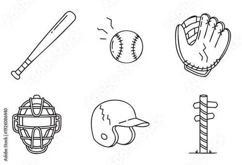 Collection of baseball equipment line drawings featuring a bat glove ball helmet mask and signpost perfect for sports themed projects educational materials and youth league promotions