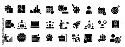 Black mega collection of 27 solid finance and accounting icons. Corporate business vector illustration.