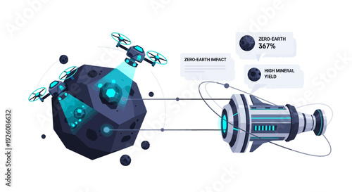 Futuristic Asteroid Mining Operation with Drones Extracting Valuable Space Minerals