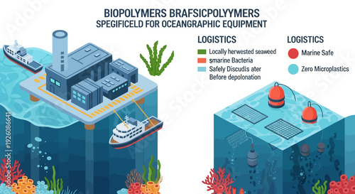 Sustainable Biopolymers for Oceanographic Equipment: Marine-Safe Solutions and Zero Microplastics in an Isometric Industry Illustration