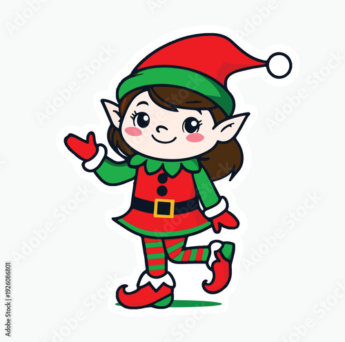 Adorable christmas elf character illustration with pointed ears, festive red and green costume, smiling happily and waving a friendly greeting