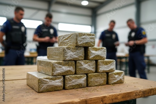 A large stack of wrapped packages containing a green substance rests on a wooden table, with uniformed personnel present.