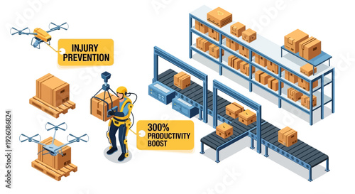 Advanced Warehouse Logistics with Autonomous Drones, Robotic Exoskeletons, and Automated Conveyor Systems for Enhanced Productivity and Safety