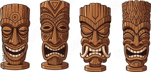Wooden tiki mask illustration set, tribal carved totem faces, Polynesian style ethnic decor vector isolated white background cultural island art