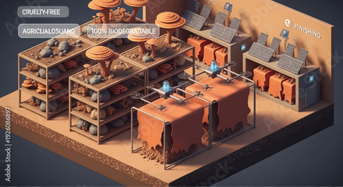 Sustainable Mushroom Leather Production Facility: Isometric View of Eco-Friendly Vegan Textile Manufacturing with Drones and Solar Power