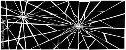 Damaged shattered glass effect background. Black grunge broken texture. Radial cracked lines explosion pattern. Fractured triangle fragments, pieces, shatters concept. Vector debris illustration