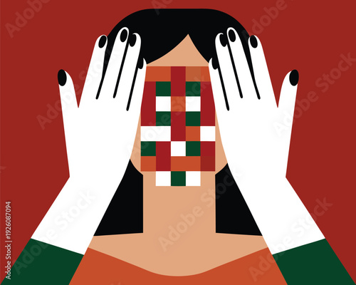Woman covering face with hands pixelated mosaic pattern.