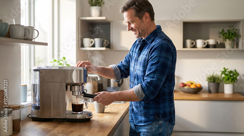 Middle-aged father making espresso coffee in kitchen