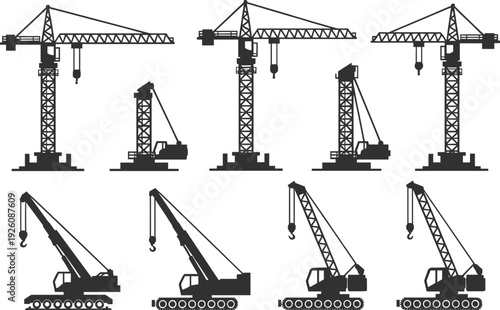 Tower and crawler crane silhouettes set vector illustration, heavy construction lifting machinery collection isolated on white background for industrial design