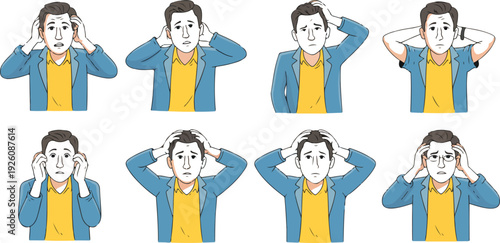 Confused Man Expression Set  Thinking and Problem Solving Vector Illustration