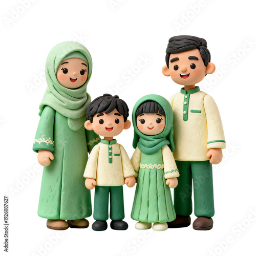 3D clay style illustration of a happy Muslim family standing together wearing matching green festive outfits.