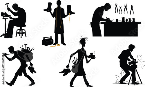 Black silhouettes of shoemakers working shoe repair white background