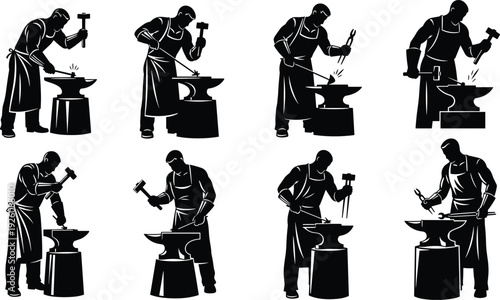 Blacksmiths working at anvil with tools hammer silhouettes
