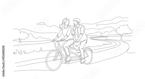 Couple enjoying romantic bike ride through scenic countryside landscape