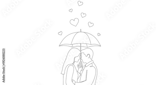 Romantic couple sharing tender kiss under umbrella with hearts