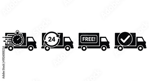 Vector graphic illustration showcasing four delivery trucks with icons for fast, 24-hour, free, and confirmed shipping services.