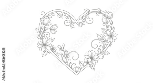 Elegant floral heart frame with blooming flowers and vines