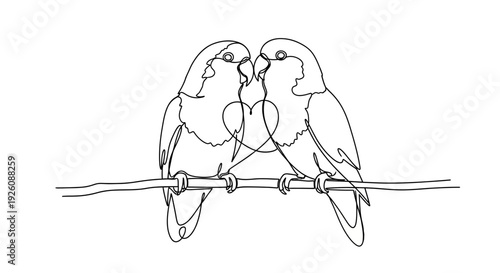 Loving parrots sharing a tender moment on a wire