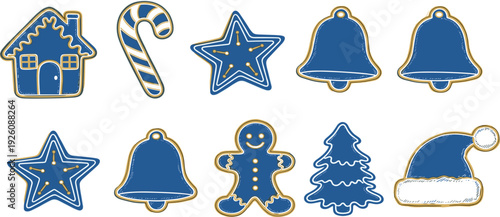 A collection of Christmas icons including bells, candy, and trees viewed from directly above