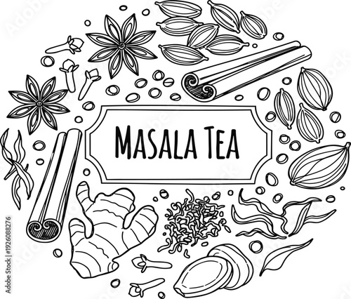 Assorted spices and ingredients for masala tea arranged around a central label with a rolling pin and croissant illustration