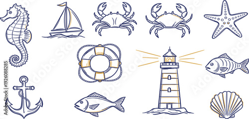 Nautical elements illustration featuring lighthouse, seahorse, crab, anchor, and fish in a coastal scene from a straightforward viewpoint