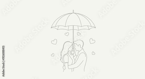 Romantic couple sharing tender moment under umbrella with hearts