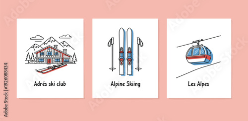 Illustrations of Alpine Skiing, Ski Resorts, and Helicopter Tours in the Mountains