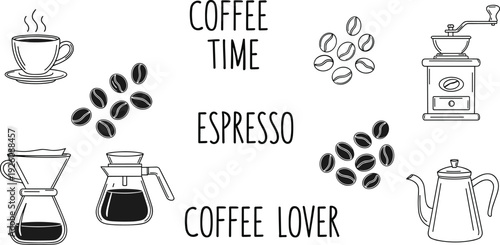 A collection of coffee-related illustrations including cups, beans, and brewing equipment for coffee lovers and enthusiasts