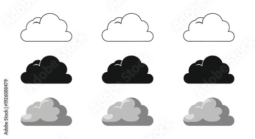 Collection of three different stylized cloud graphic icons representing weather and data storage options