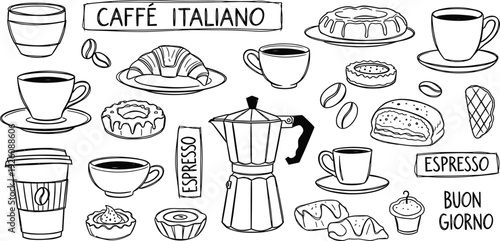 Assorted Italian Coffee Cups and Pastries Illustration on White Background from Direct Viewpoint