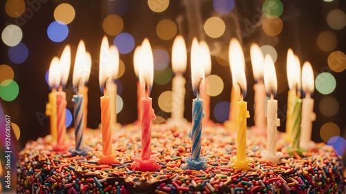Festive Birthday Cake with Burning Candles and Sprinkles