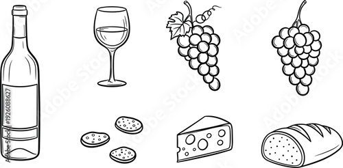 A collection of wine and gourmet food items on a plain background