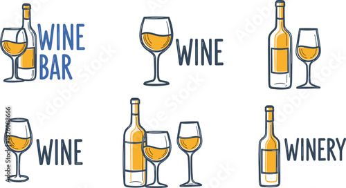 A collection of wine glasses and bottles arranged with text labels, illustrations of wine bar, wine, and winery