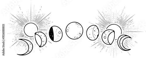 Minimalist celestial moon phases and sun line art, bohemian vector.
