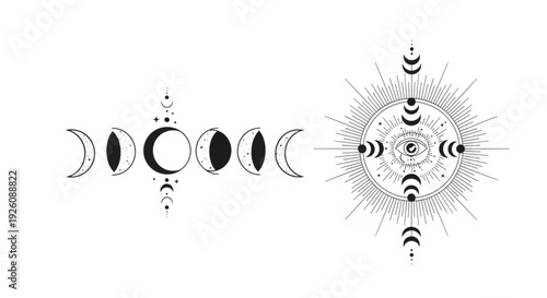 Mystical sun and moon phases vector illustration, boho linear design.