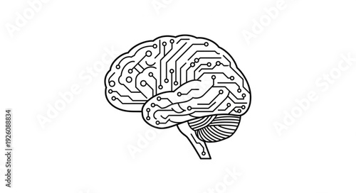 Human brain with circuit board lines vector, digital intelligence symbol.
