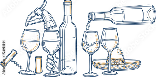 Wine being poured into glasses on a table with corkscrew and bread nearby