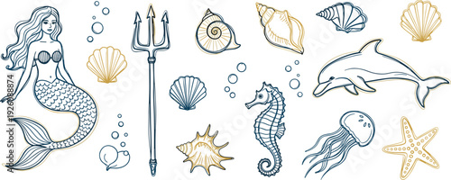 Underwater scene with mermaid, trident, and marine life illustrations in a whimsical oceanic setting