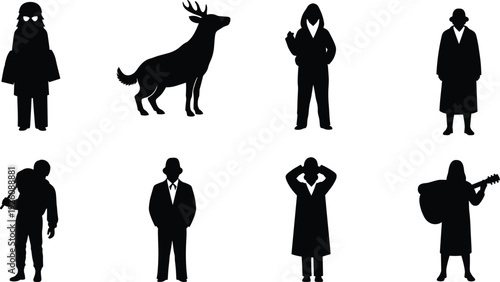 Black silhouettes of people and a deer on white background simple minimalist animal