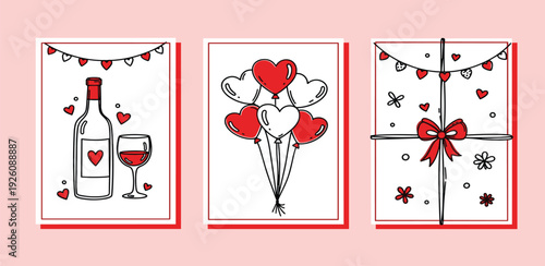 Valentine's Day greeting cards with romantic illustrations of wine, hearts, and gifts