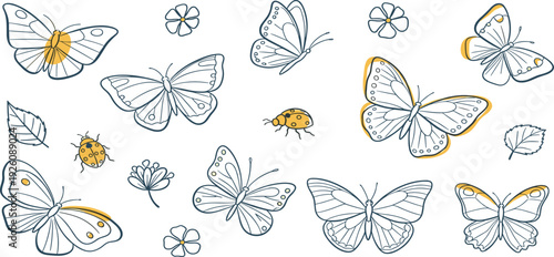 Butterflies and bees flying around flowers in a serene garden scene from a top-down viewpoint