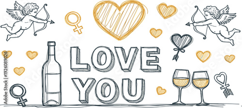 Illustration of love and romance with wine and hearts, viewed from a direct perspective