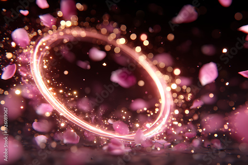 Fantasy pink circular frame with shining glitter, luminous particles and falling petals over dark black background