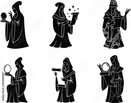 Black and white wizard with crystal balls and scrolls magician robe
