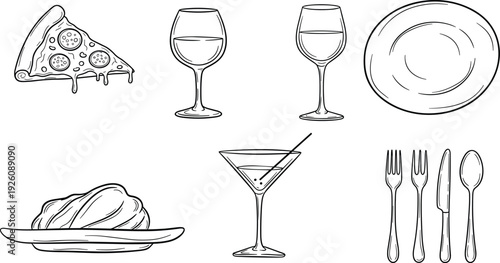 A fine dining setup featuring a martini, wine glasses, pizza, croissant, and cutlery on a clean white table