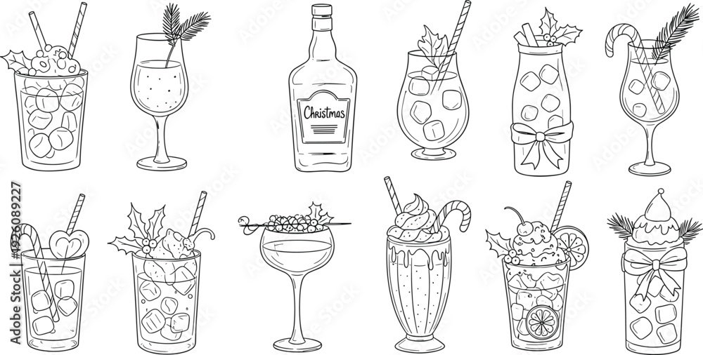 Fototapeta premium Assorted cocktails and drinks illustrated in a line-art style, showcasing various glasses and garnishes