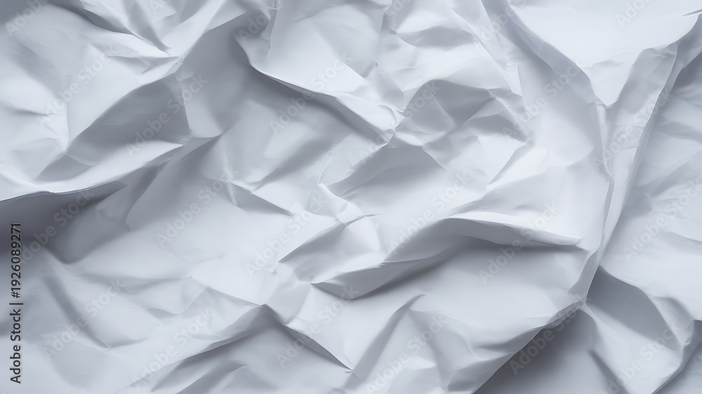 Fototapeta premium White wrinkled paper, detailed textile surface, soft light and shadow on crumpled sheet