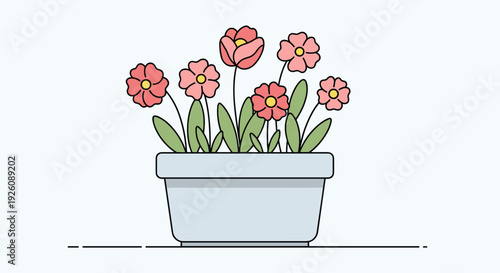 Charming illustration shows several pink flowers with yellow centers growing in a simple grey rectangular garden pot.
